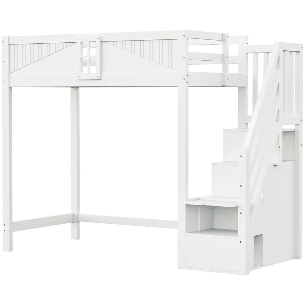 Redom Lit mezzanine bois massif 90 par 200 cm porte securite fenetre escalier interchangeable gauche droite blanc* Lit Avec Rangement