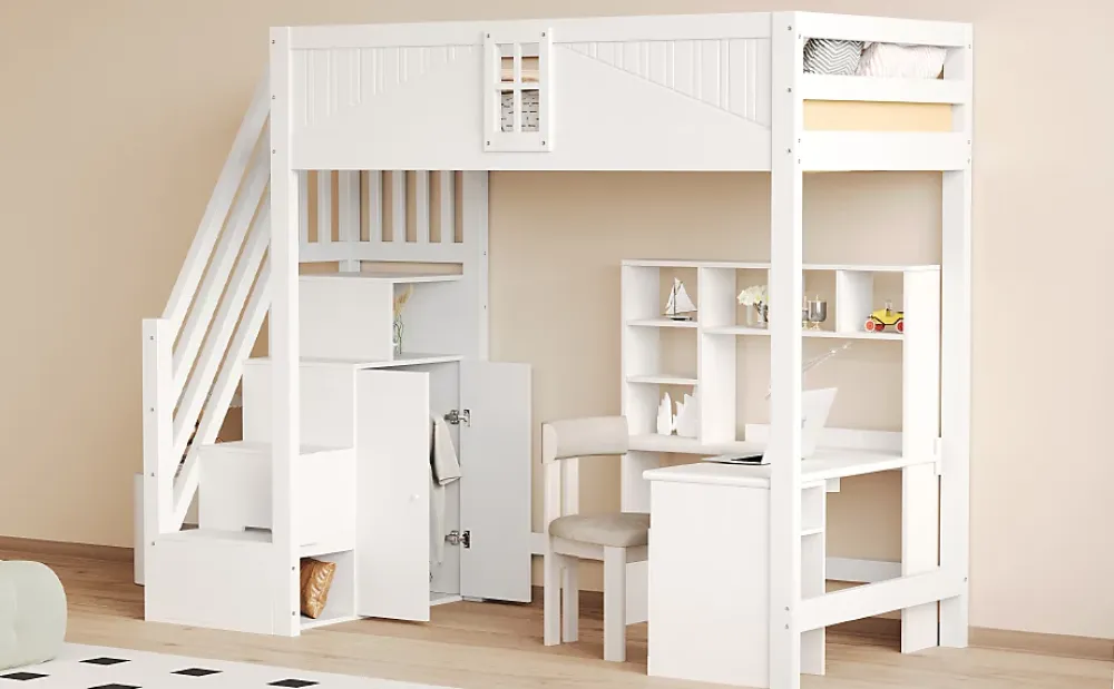 Redom Lit mezzanine bois massif 90 par 200 cm porte securite fenetre escalier interchangeable gauche droite blanc* Lit Avec Rangement