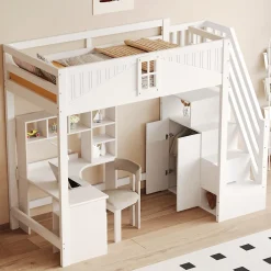 Redom Lit mezzanine bois massif 90 par 200 cm porte securite fenetre escalier interchangeable gauche droite blanc* Lit Avec Rangement