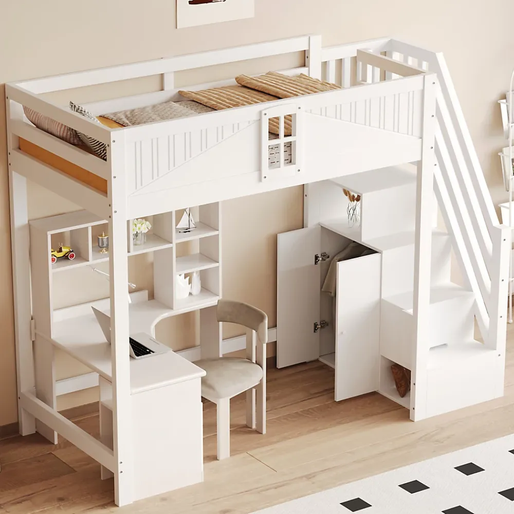 Redom Lit mezzanine bois massif 90 par 200 cm porte securite fenetre escalier interchangeable gauche droite blanc* Lit Avec Rangement