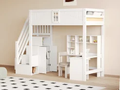 Redom Lit mezzanine bois massif 90 par 200 cm porte securite fenetre escalier interchangeable gauche droite blanc* Lit Avec Rangement