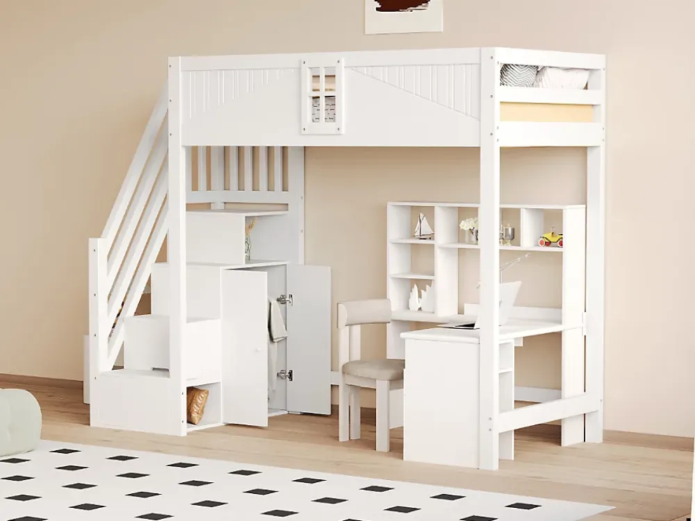 Redom Lit mezzanine bois massif 90 par 200 cm porte securite fenetre escalier interchangeable gauche droite blanc* Lit Avec Rangement