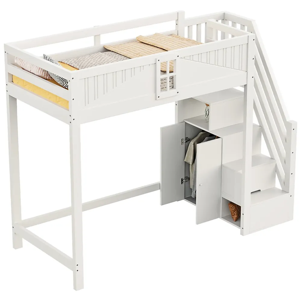Redom Lit mezzanine bois massif 90 par 200 cm porte securite fenetre escalier interchangeable gauche droite blanc* Lit Avec Rangement