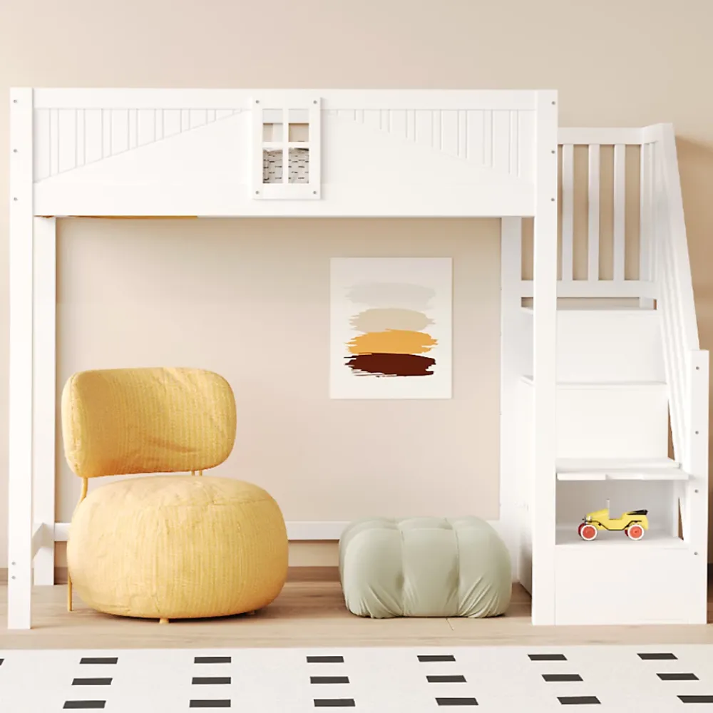 Redom Lit mezzanine bois massif 90 par 200 cm porte securite fenetre escalier interchangeable gauche droite blanc* Lit Avec Rangement