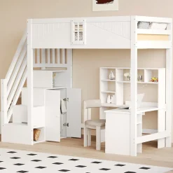 Redom Lit mezzanine bois massif 90 par 200 cm porte securite fenetre escalier interchangeable gauche droite blanc* Lit Avec Rangement