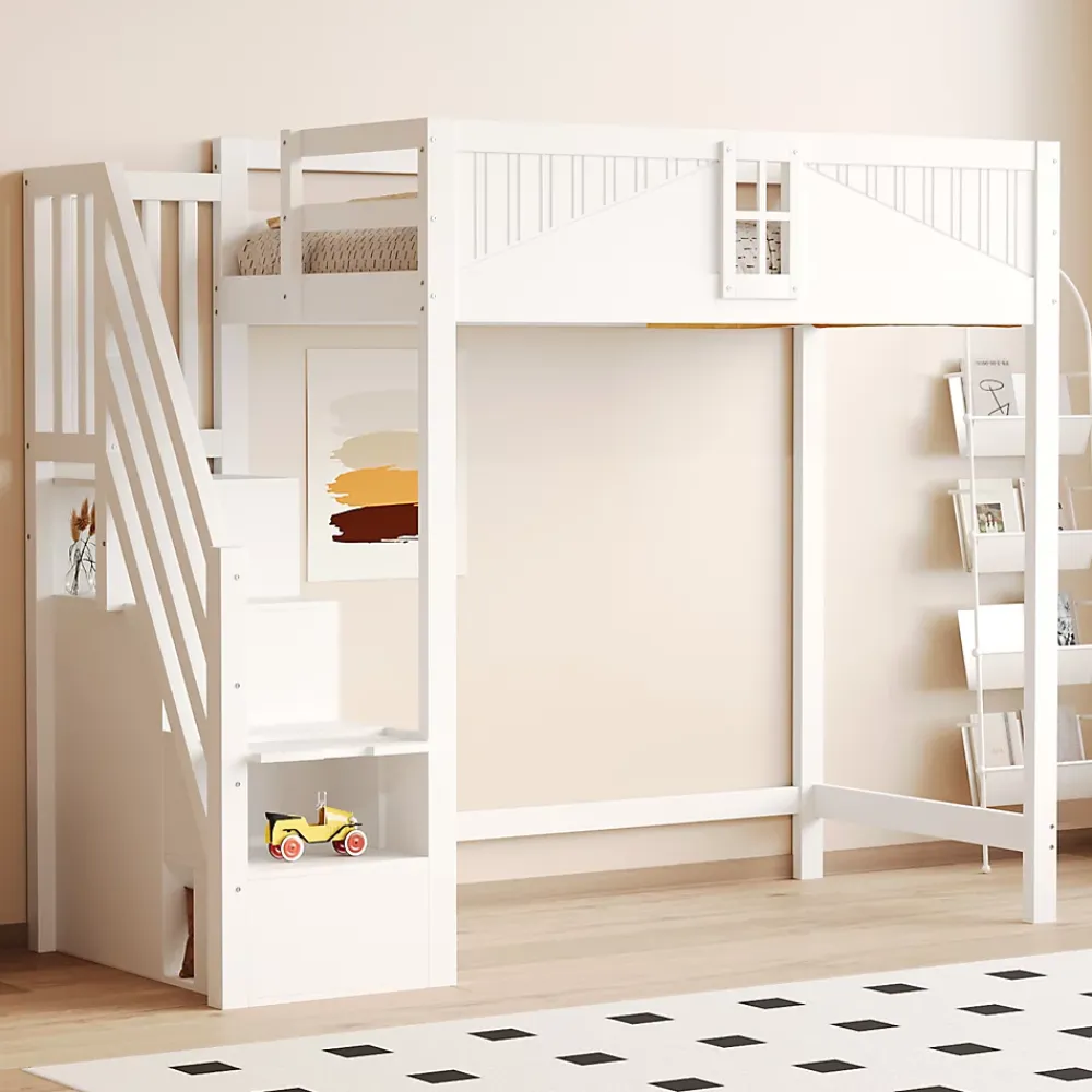 Redom Lit mezzanine bois massif 90 par 200 cm porte securite fenetre escalier interchangeable gauche droite blanc* Lit Avec Rangement