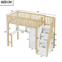 Lit Mezzanine Bois 90x200 cm avec Armoire, Bureau et Escalier de Rangement, Lit Multifonction Blanc - Bois Naturel><noscript><img width=