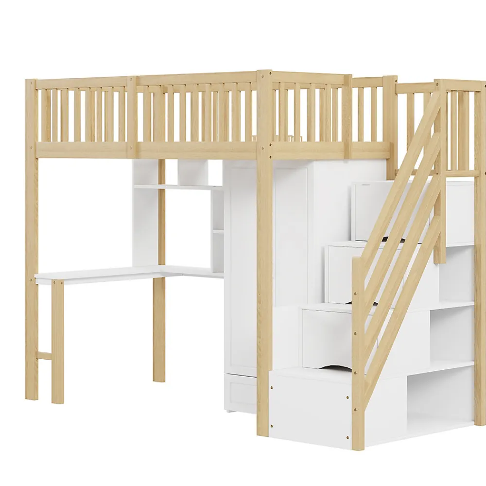Lit Mezzanine Bois 90x200 cm avec Armoire, Bureau et Escalier de Rangement, Lit Multifonction Blanc - Bois Naturel>Okwish Best