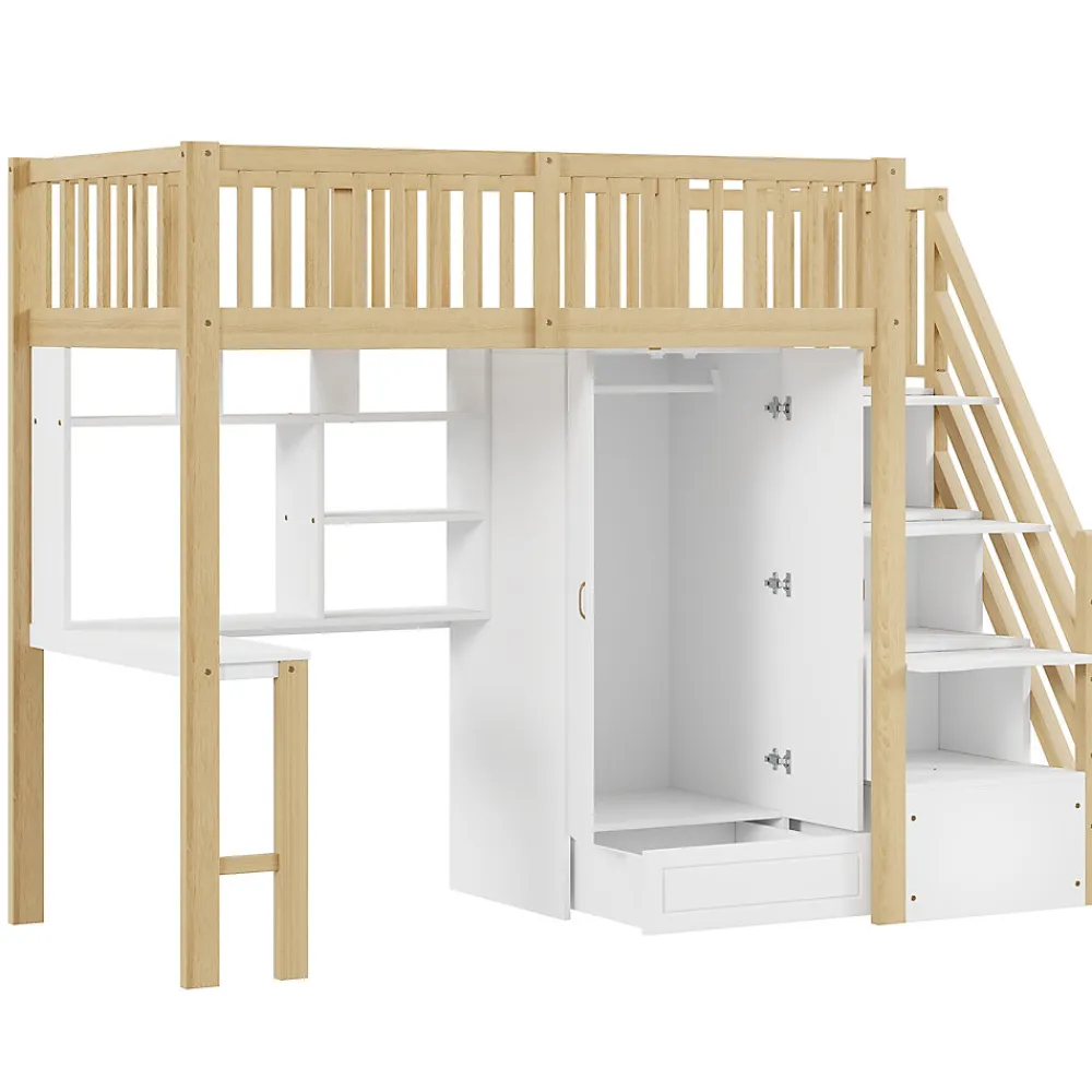 Lit Mezzanine Bois 90x200 cm avec Armoire, Bureau et Escalier de Rangement, Lit Multifonction Blanc - Bois Naturel>Okwish Best