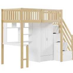 Lit Mezzanine Bois 90x200 cm avec Armoire, Bureau et Escalier de Rangement, Lit Multifonction Blanc - Bois Naturel><noscript><img width=