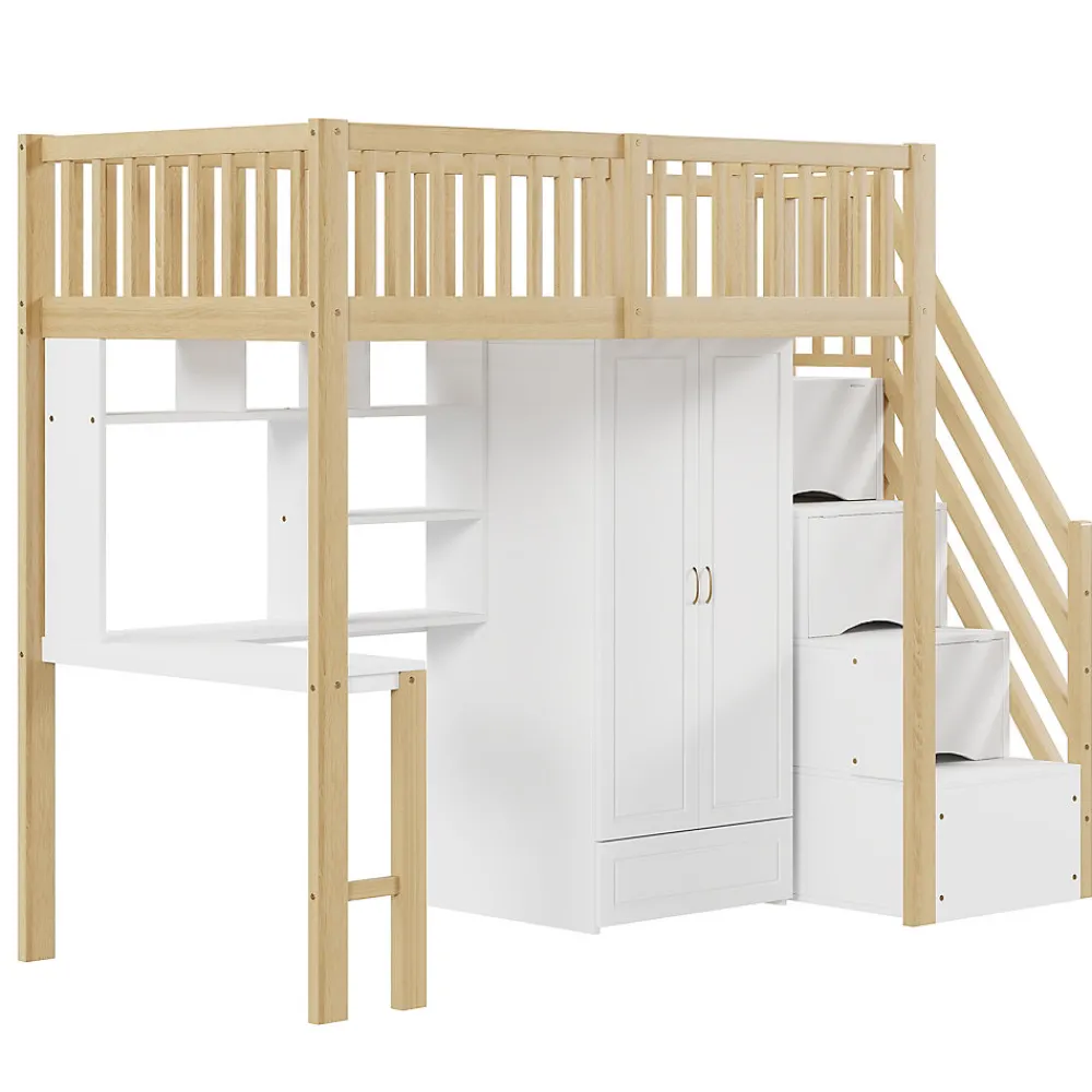 Lit Mezzanine Bois 90x200 cm avec Armoire, Bureau et Escalier de Rangement, Lit Multifonction Blanc - Bois Naturel>Okwish Best