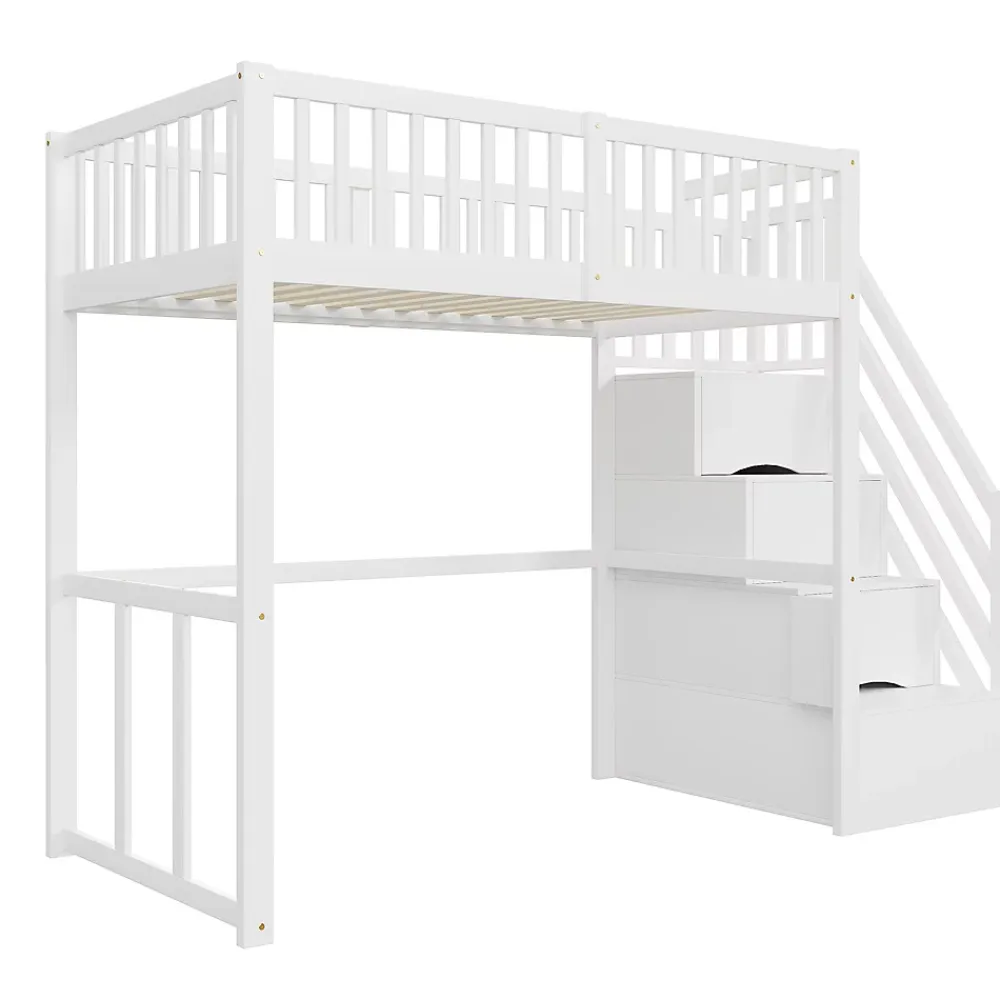 Okwish Lit Mezzanine Bois 90x200 cm enfant avec Escalier Sécurisé et Rangement Intégré - Blanc* Lit Mezzanine