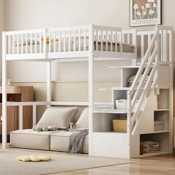 Okwish Lit Mezzanine Bois 90x200 cm enfant avec Escalier Sécurisé et Rangement Intégré - Blanc* Lit Mezzanine