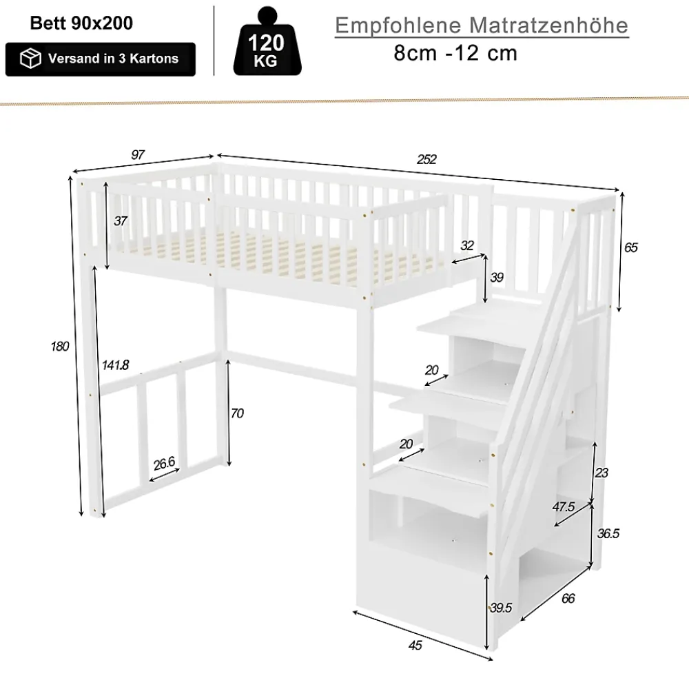 Okwish Lit Mezzanine Bois 90x200 cm enfant avec Escalier Sécurisé et Rangement Intégré - Blanc* Lit Mezzanine