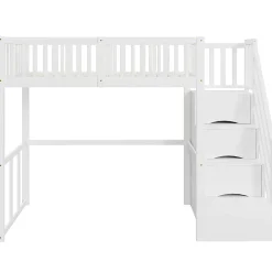 Okwish Lit Mezzanine Bois 90x200 cm enfant avec Escalier Sécurisé et Rangement Intégré - Blanc* Lit Mezzanine