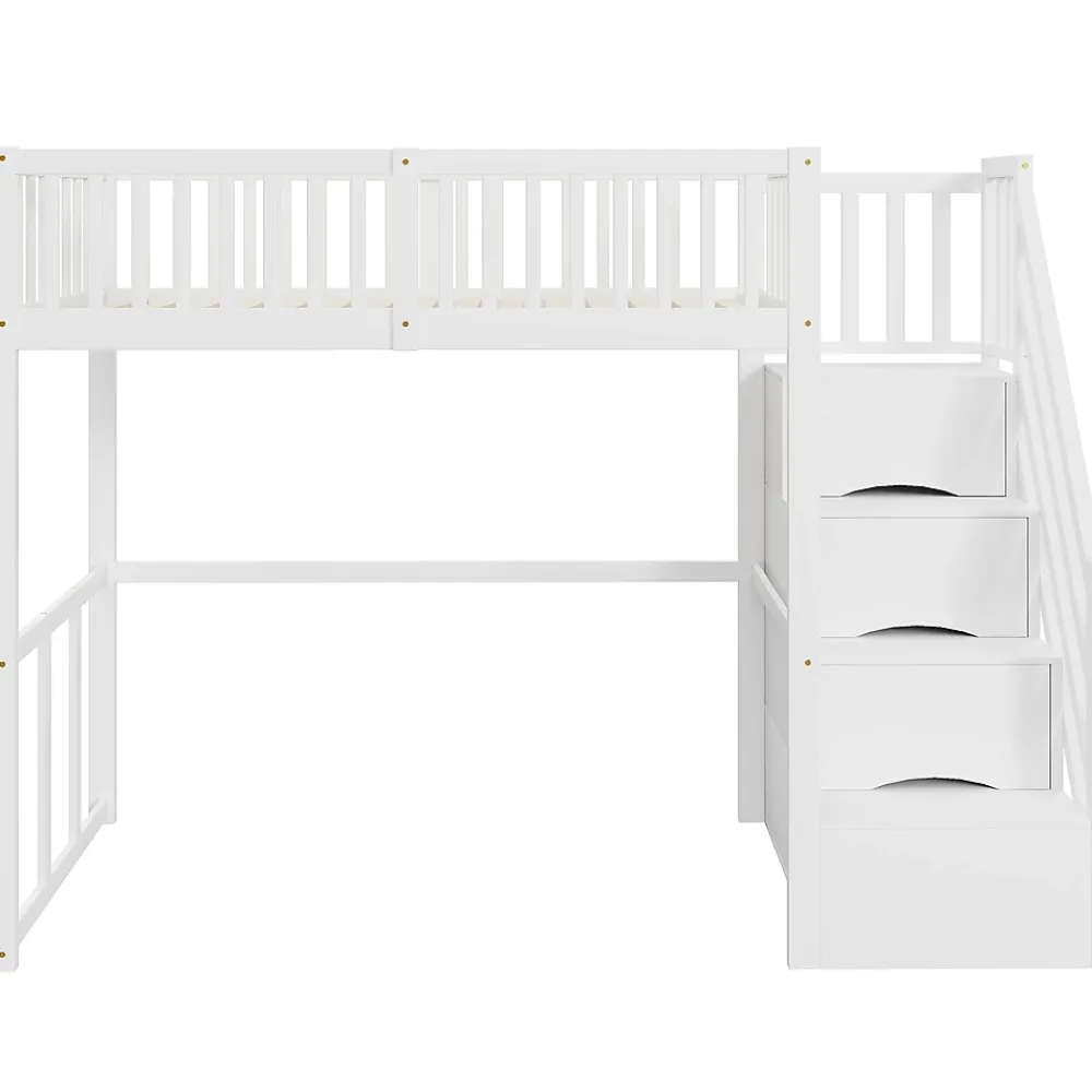 Okwish Lit Mezzanine Bois 90x200 cm enfant avec Escalier Sécurisé et Rangement Intégré - Blanc* Lit Mezzanine