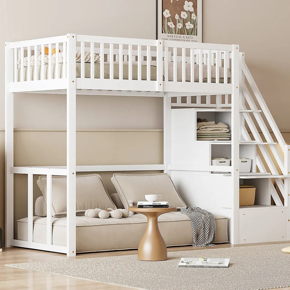 Okwish Lit Mezzanine Bois 90x200 cm enfant avec Escalier Sécurisé et Rangement Intégré - Blanc* Lit Mezzanine