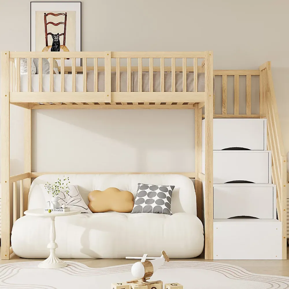 Okwish Lit Mezzanine Bois 90x200 cm enfant avec Escalier Sécurisé et Rangement - Bois Naturel* Lit Mezzanine