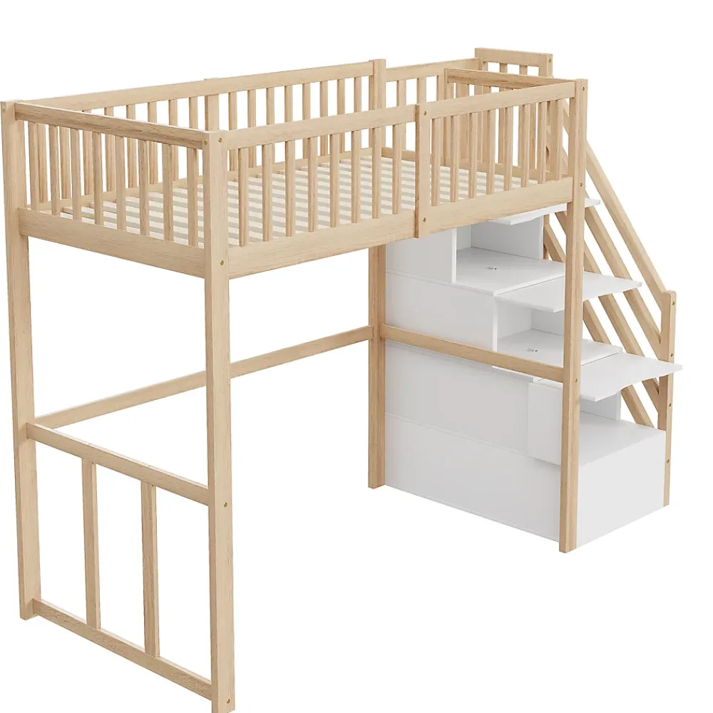 Okwish Lit Mezzanine Bois 90x200 cm enfant avec Escalier Sécurisé et Rangement - Bois Naturel* Lit Mezzanine