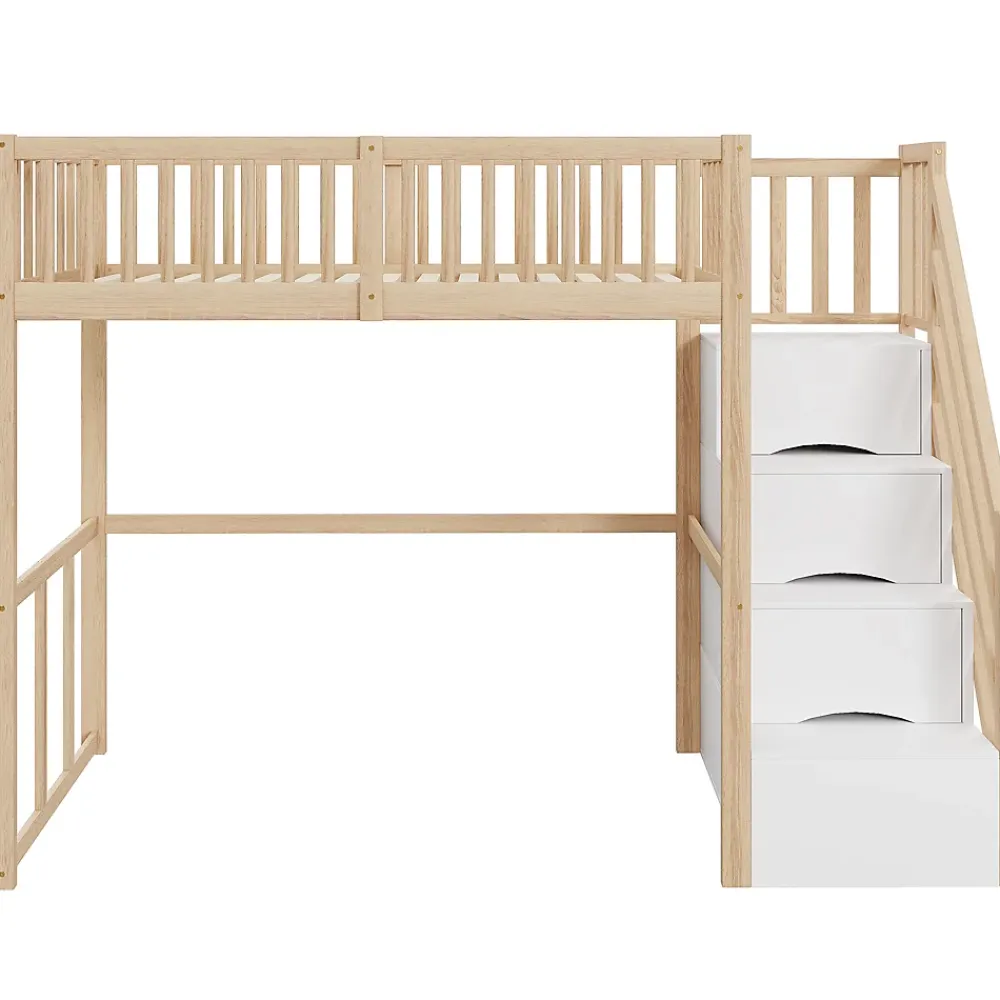 Okwish Lit Mezzanine Bois 90x200 cm enfant avec Escalier Sécurisé et Rangement - Bois Naturel* Lit Mezzanine