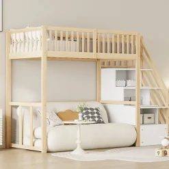 Okwish Lit Mezzanine Bois 90x200 cm enfant avec Escalier Sécurisé et Rangement - Bois Naturel* Lit Mezzanine
