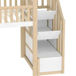 Okwish Lit mezzanine cabane 90x200 cm - Lit avec rangement sous l'escalier et toboggan - Pin naturel - Sans matelas - Blanc et Naturel* Lit Mezzanine