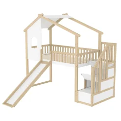 Okwish Lit mezzanine cabane 90x200 cm - Lit avec rangement sous l'escalier et toboggan - Pin naturel - Sans matelas - Blanc et Naturel* Lit Mezzanine