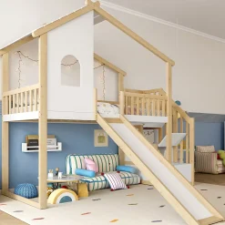 Okwish Lit mezzanine cabane 90x200 cm - Lit avec rangement sous l'escalier et toboggan - Pin naturel - Sans matelas - Blanc et Naturel* Lit Mezzanine