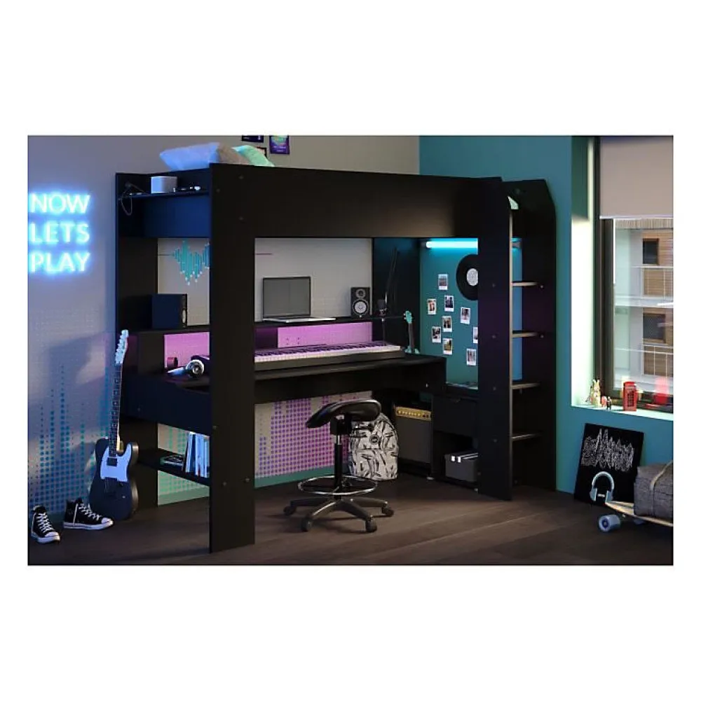 Lit mezzanine combine enfant LED Gamer ONLINE - 90 x 200 cm - Noir mat - Sommier inclus ->Parisot Clearance