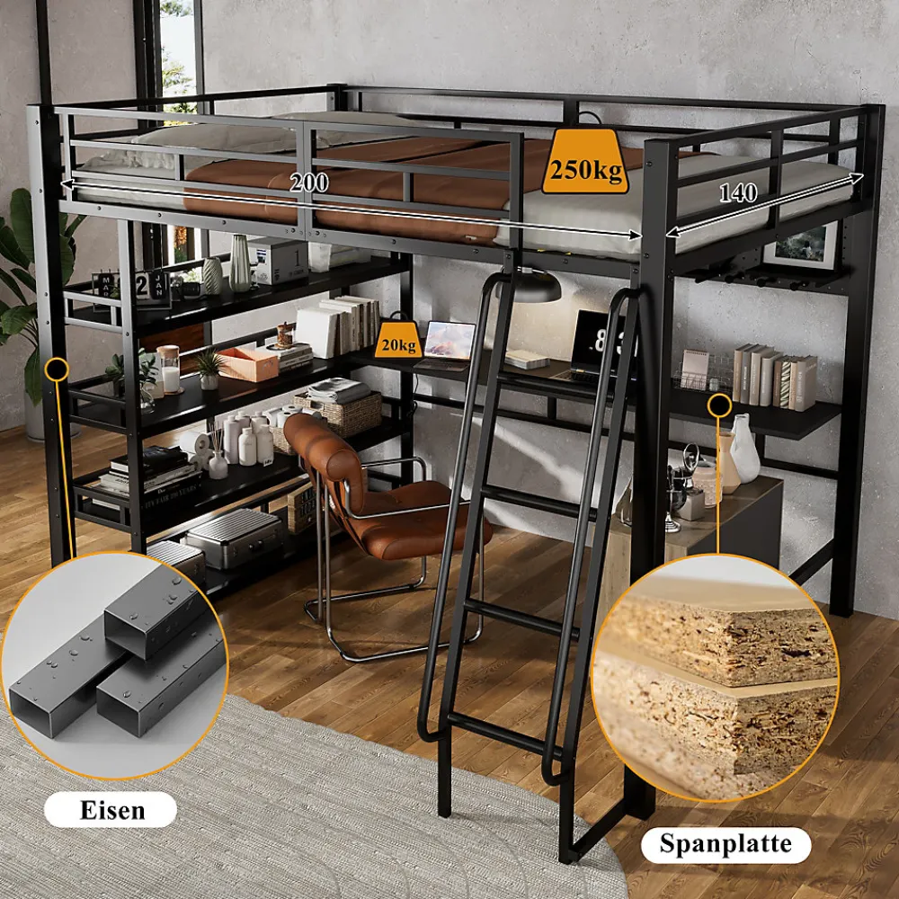 Lit mezzanine double 140x200 cm en métal avec rangements multiples, étagères, échelle à 4 marches et prise intégrée - noir>Okwish Online