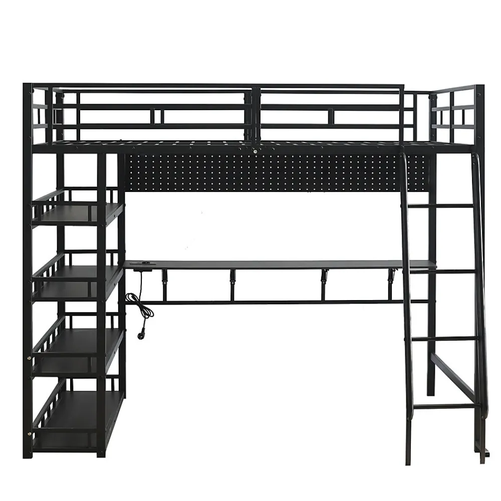 Lit mezzanine double 140x200 cm en métal avec rangements multiples, étagères, échelle à 4 marches et prise intégrée - noir>Okwish Online