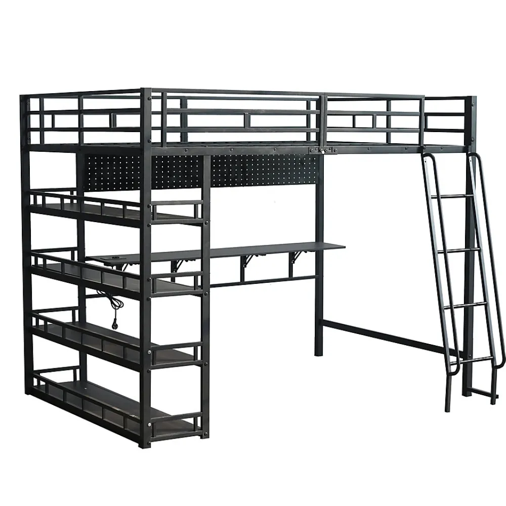 Lit mezzanine double 140x200 cm en métal avec rangements multiples, étagères, échelle à 4 marches et prise intégrée - noir>Okwish Online