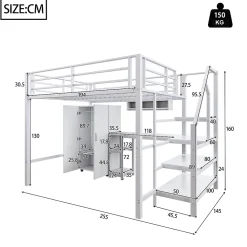 Okwish Lit Mezzanine Double 140x200 cm - Avec Bureau et Armoire Intégrés, Escalier avec Rangements - Sans Matelas - Blanc* Lit Mezzanine