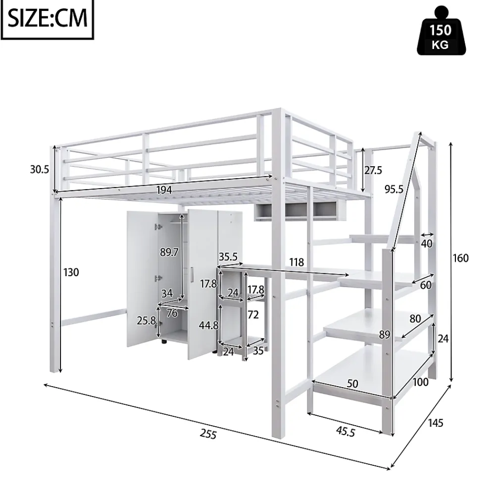 Okwish Lit Mezzanine Double 140x200 cm - Avec Bureau et Armoire Intégrés, Escalier avec Rangements - Sans Matelas - Blanc* Lit Mezzanine