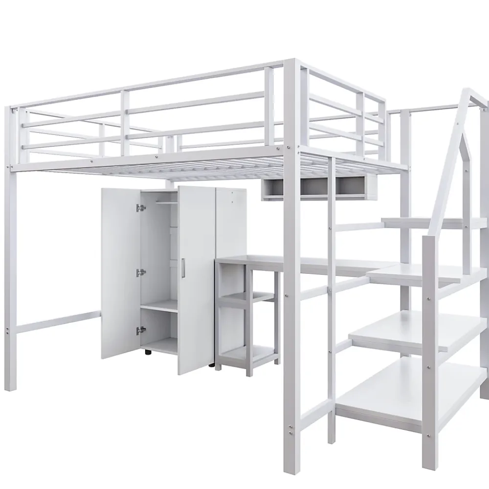 Okwish Lit Mezzanine Double 140x200 cm - Avec Bureau et Armoire Intégrés, Escalier avec Rangements - Sans Matelas - Blanc* Lit Mezzanine