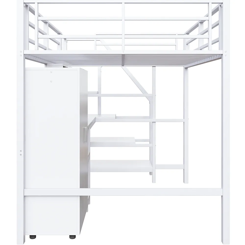 Okwish Lit Mezzanine Double 140x200 cm - Avec Bureau et Armoire Intégrés, Escalier avec Rangements - Sans Matelas - Blanc* Lit Mezzanine