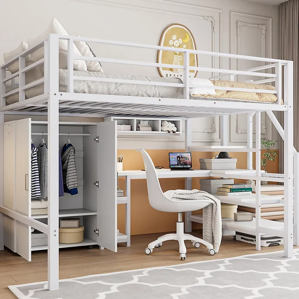 Okwish Lit Mezzanine Double 140x200 cm - Avec Bureau et Armoire Intégrés, Escalier avec Rangements - Sans Matelas - Blanc* Lit Mezzanine