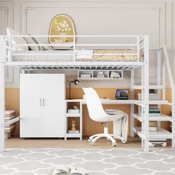 Okwish Lit Mezzanine Double 140x200 cm - Avec Bureau et Armoire Intégrés, Escalier avec Rangements - Sans Matelas - Blanc* Lit Mezzanine