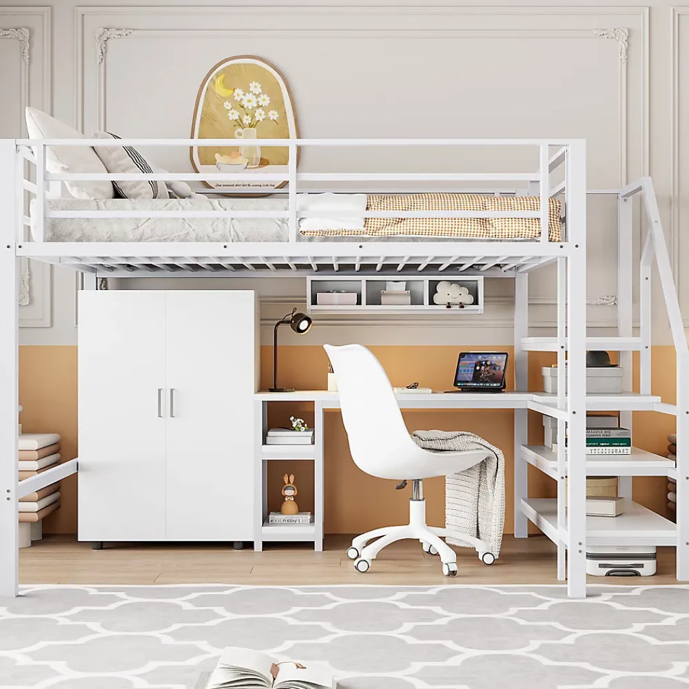 Okwish Lit Mezzanine Double 140x200 cm - Avec Bureau et Armoire Intégrés, Escalier avec Rangements - Sans Matelas - Blanc* Lit Mezzanine