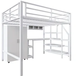 Okwish Lit Mezzanine Double 140x200 cm - Avec Bureau et Armoire Intégrés, Escalier avec Rangements - Sans Matelas - Blanc* Lit Mezzanine