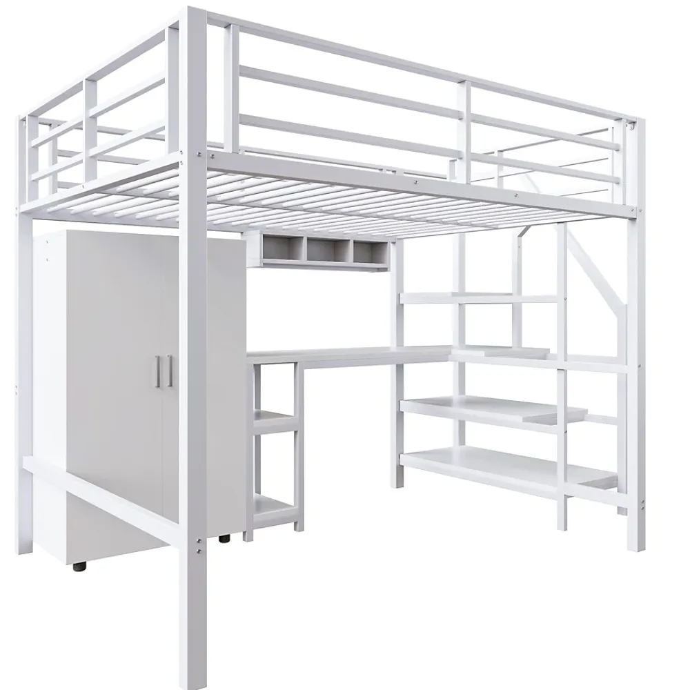 Okwish Lit Mezzanine Double 140x200 cm - Avec Bureau et Armoire Intégrés, Escalier avec Rangements - Sans Matelas - Blanc* Lit Mezzanine