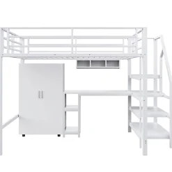 Okwish Lit Mezzanine Double 140x200 cm - Avec Bureau et Armoire Intégrés, Escalier avec Rangements - Sans Matelas - Blanc* Lit Mezzanine