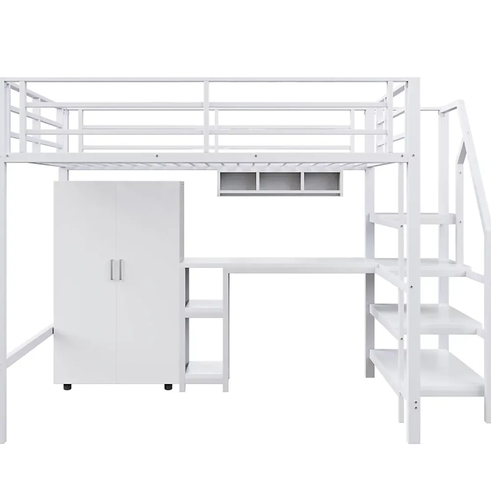 Okwish Lit Mezzanine Double 140x200 cm - Avec Bureau et Armoire Intégrés, Escalier avec Rangements - Sans Matelas - Blanc* Lit Mezzanine
