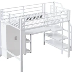 Okwish Lit Mezzanine Double 140x200 cm - Avec Bureau et Armoire Intégrés, Escalier avec Rangements - Sans Matelas - Blanc* Lit Mezzanine