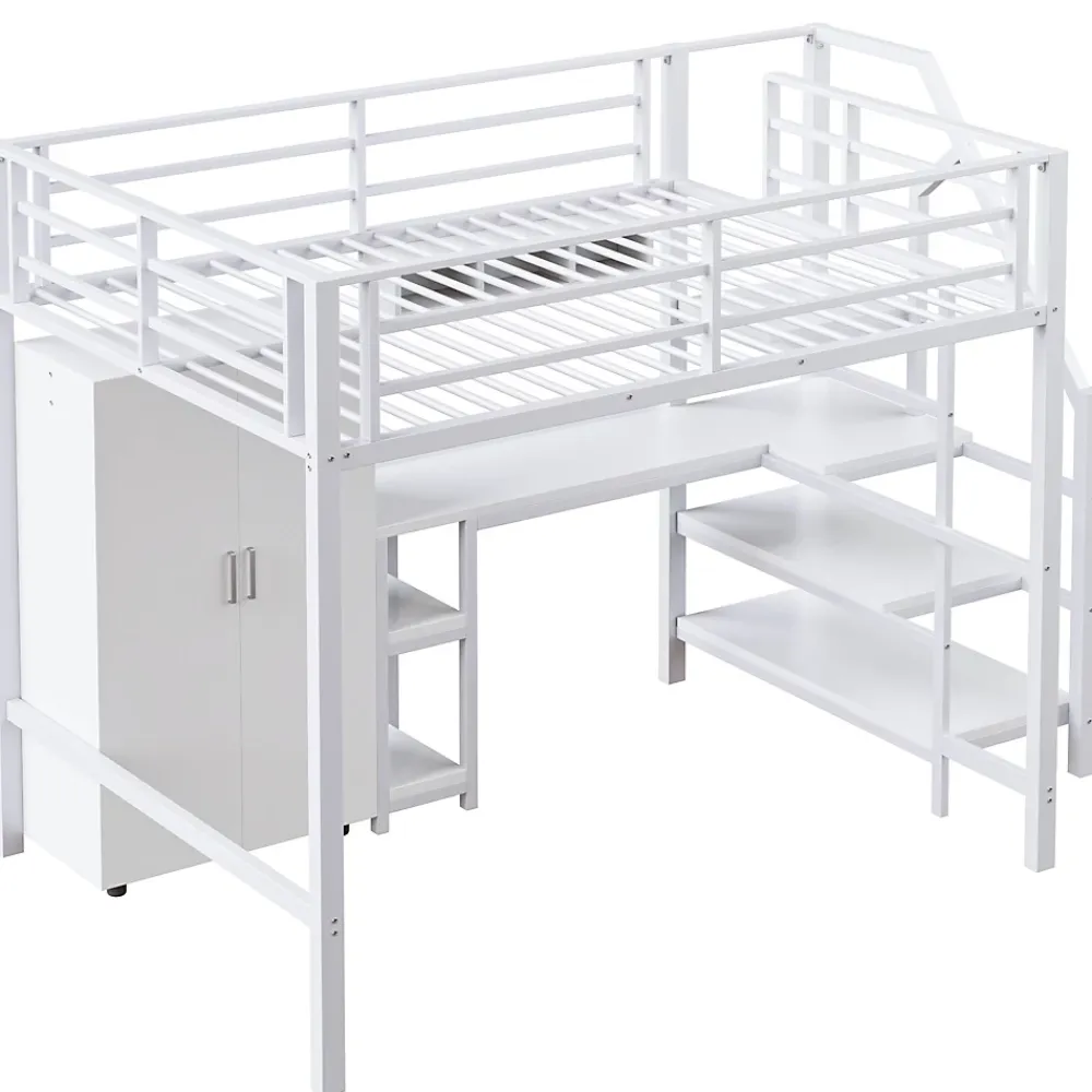 Okwish Lit Mezzanine Double 140x200 cm - Avec Bureau et Armoire Intégrés, Escalier avec Rangements - Sans Matelas - Blanc* Lit Mezzanine