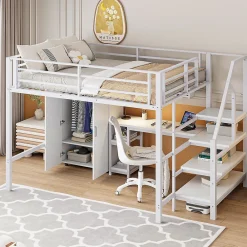 Okwish Lit Mezzanine Double 140x200 cm - Avec Bureau et Armoire Intégrés, Escalier avec Rangements - Sans Matelas - Blanc* Lit Mezzanine
