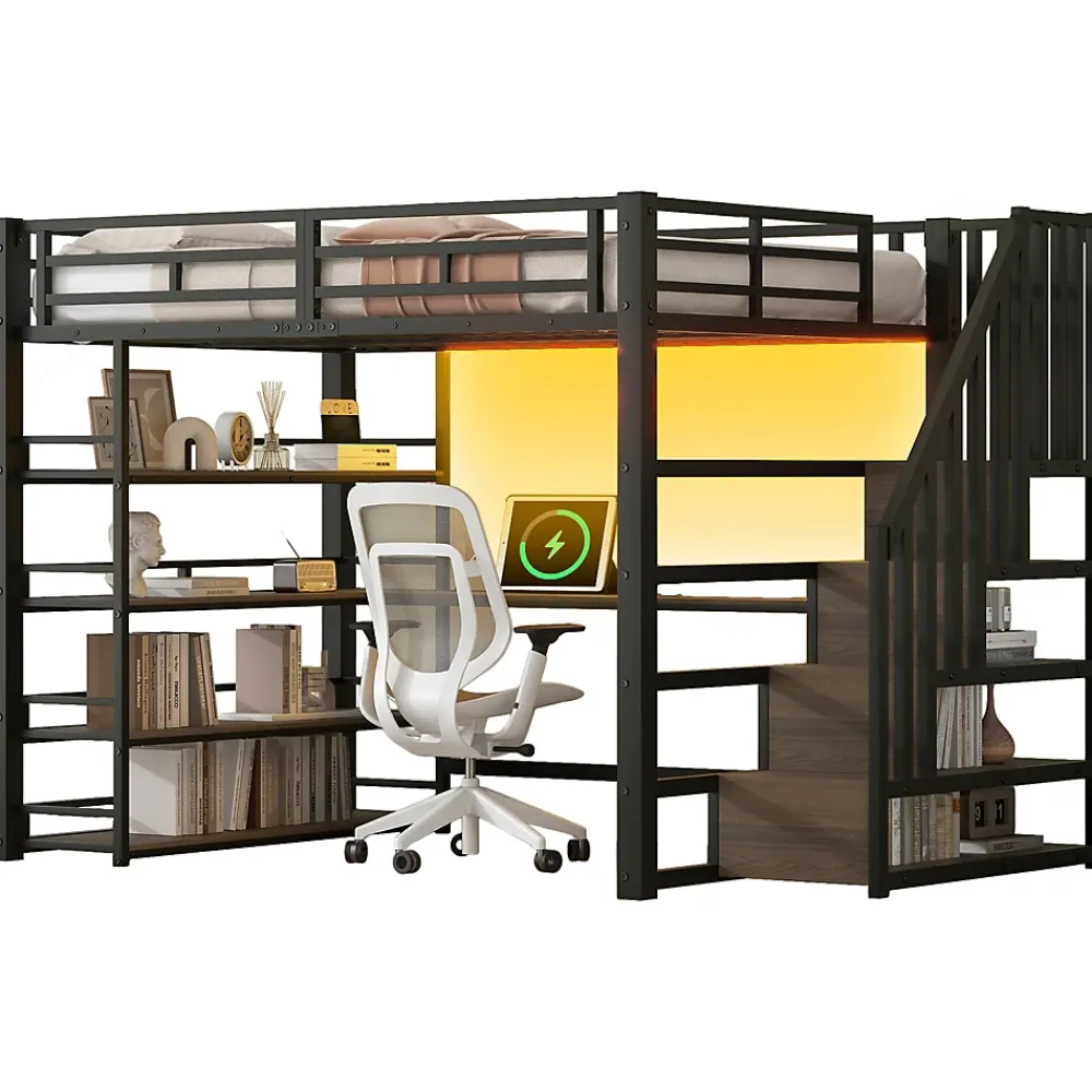 Okwish Lit Mezzanine Double 140x200 cm - Éclairage LED et Escaliers Sécurisés, Bureau Intégré et Rangements, sans Matelas - Métal Noir* Lit Mezzanine