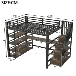 Okwish Lit Mezzanine Double 140x200 cm - Éclairage LED et Escaliers Sécurisés, Bureau Intégré et Rangements, sans Matelas - Métal Noir* Lit Mezzanine