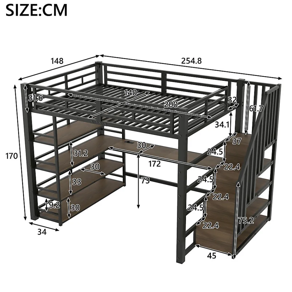 Okwish Lit Mezzanine Double 140x200 cm - Éclairage LED et Escaliers Sécurisés, Bureau Intégré et Rangements, sans Matelas - Métal Noir* Lit Mezzanine