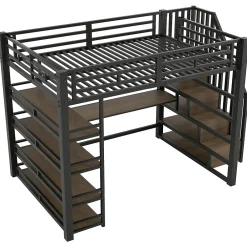 Okwish Lit Mezzanine Double 140x200 cm - Éclairage LED et Escaliers Sécurisés, Bureau Intégré et Rangements, sans Matelas - Métal Noir* Lit Mezzanine